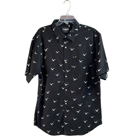 CARBON Men’s Black Business Casual Button Down Shirt Short Sleeve Bird Print XL - Picture 1 of 8